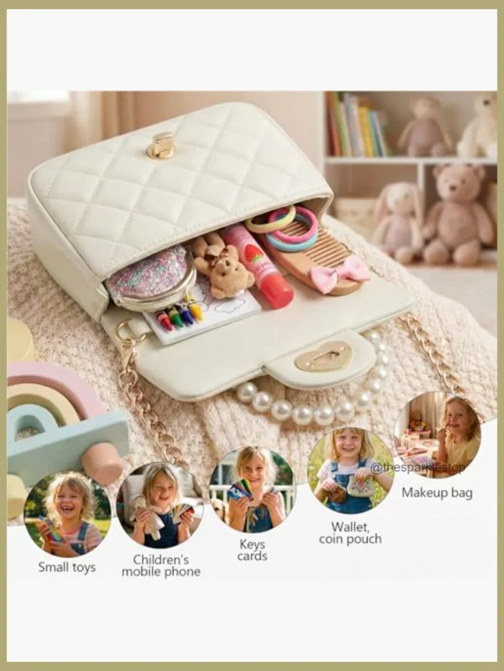 Girls Princess Pearl Handle Crossbody Bag Heart Lock Fits Phone
